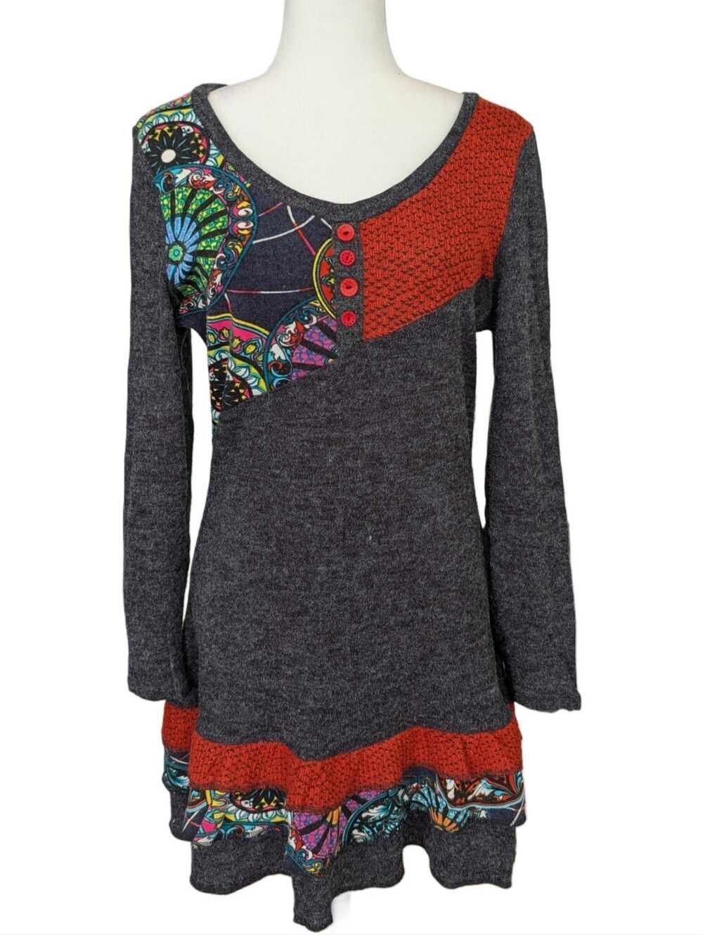 Adore Womens Gray Knit Patchwork Long Sleeve Tiered Mini Dress Tunic Size Large